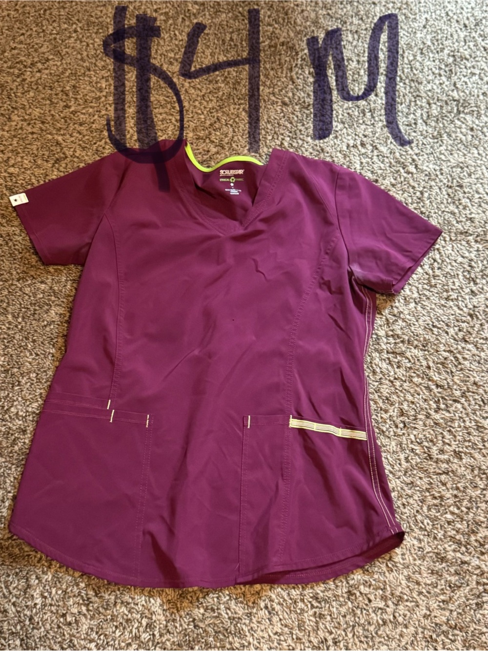 Scrubstar Women's V-Neck Scrub Top in Plum with Lime Trim